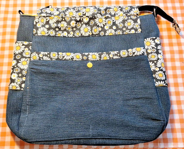 Sac a bandouliere, en jeans et tissus coton a imprimé marguerite et jaune vif